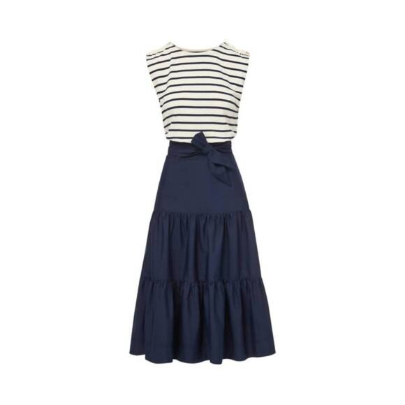Veronica Beard Jean Pazila Tiered Midi Dress In Navy Blue And White Size L NWT - Picture 4 of 15